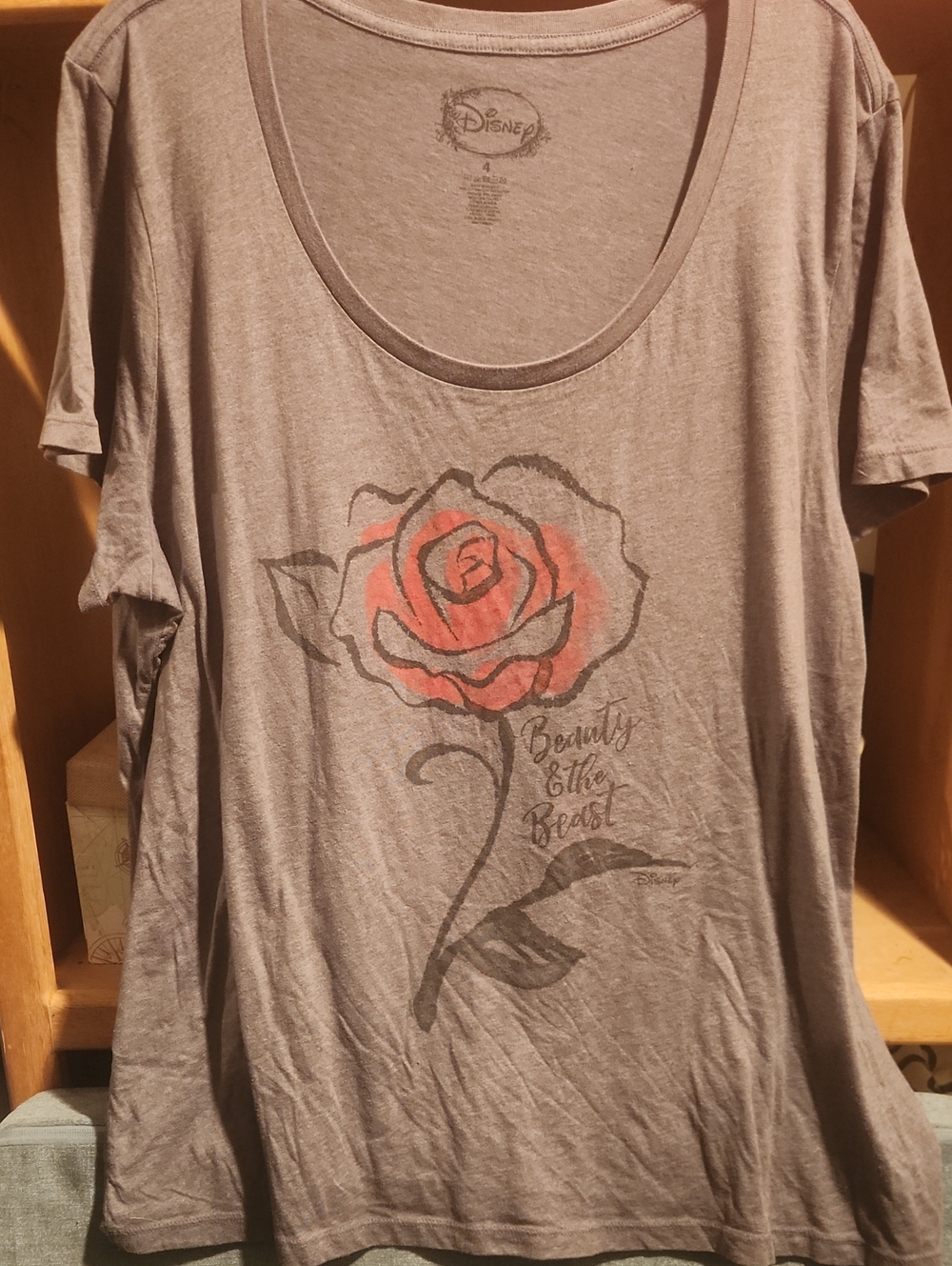 Disney Women's Gray Tee with Red Rose Graphic - Beauty & The Beast